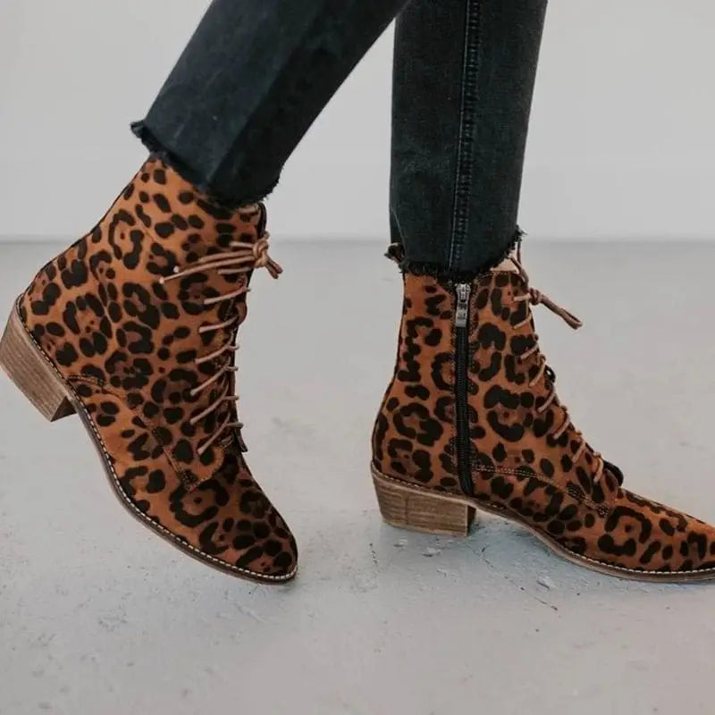 Bottines D'Hiver Femme 2026 - Motif Léopard, Lacets, Talon Épais - Bottes Courtes Confortables - 2