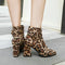 Bottines léopard beige à talons évasés.