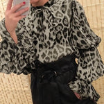 Women's Gray Leopard Ruffle Blouse - Vignette | My Léopard