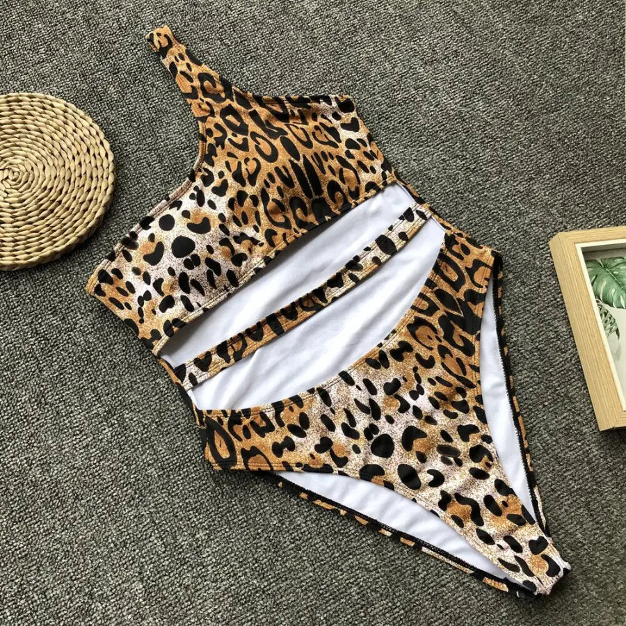 Maillot De Bain Léopard 3 Pièces Fille - Crop Top Une Épaule + Culotte + Bandeau | 0-8 Ans