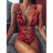Maillot de Bain Une Pièce Ouvert Léopard Rouge