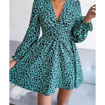 Short Green Leopard Dress with Lantern Sleeves - Vignette | My Léopard