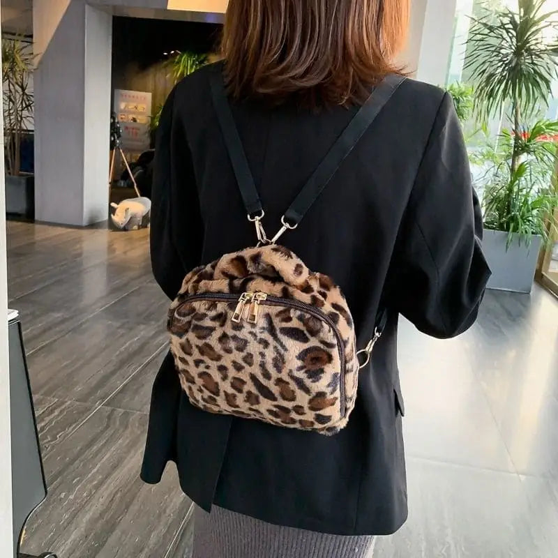 brown leopard print faux fur mini backpack Leopard Faux Fur Backpack