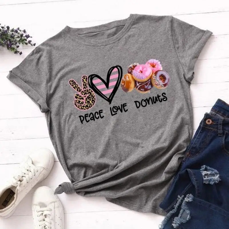 T shirt imprimé léopard peace love donuts.
