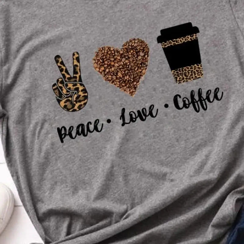 T shirt gris léopard peace love coffee.