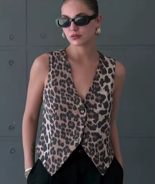 Gilet léopard pour femme, col V, boutonné, été
