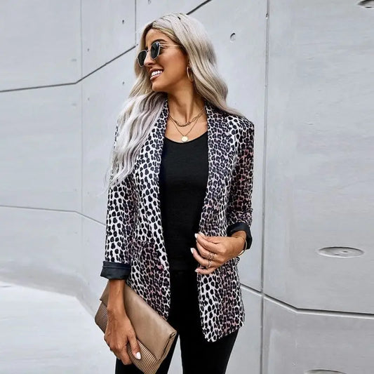 L9WEI Blazer Long Élégant Femme Col Revers Motif Léopard - Manteau Chic Automne Hiver
