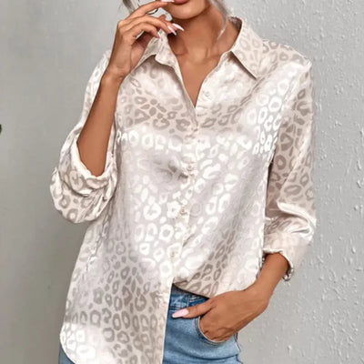 Leopard Printed Satin Silk Shirt Women Long Sleeve Button