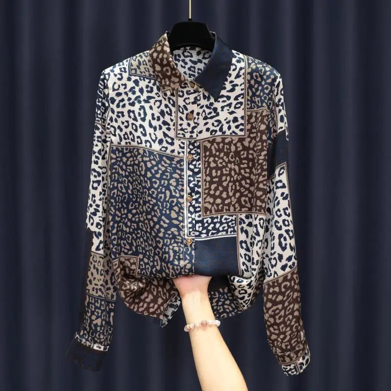 2022 Spring New Leopard Patchwork Print Satin Shirt Women