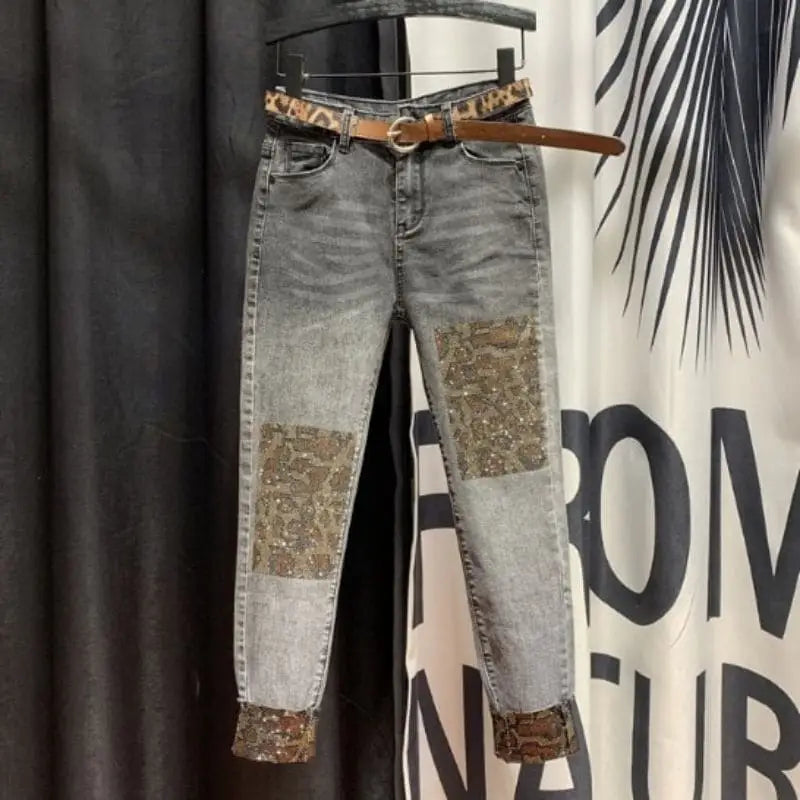 Jean léopard à sequins gris femme.