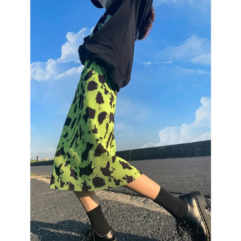 Yedinas Streetwear Green Leopard Skirt Women Elastic High