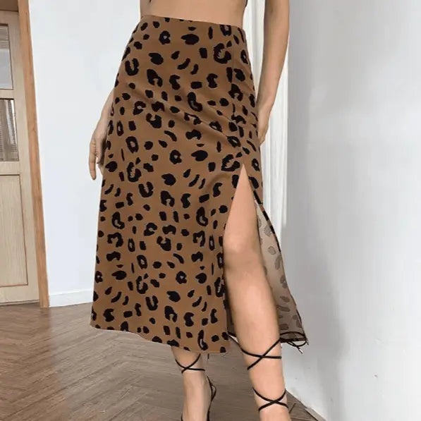 jupe motif léopard fendue marron