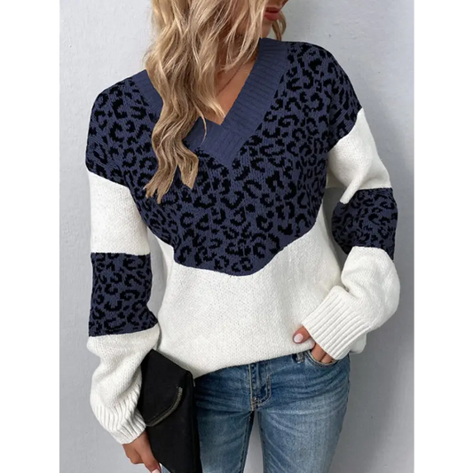 Pull Imprimé Léopard Bleu Marine et Blanc