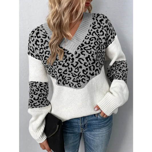 Pull Imprimé Léopard Gris et Blanc