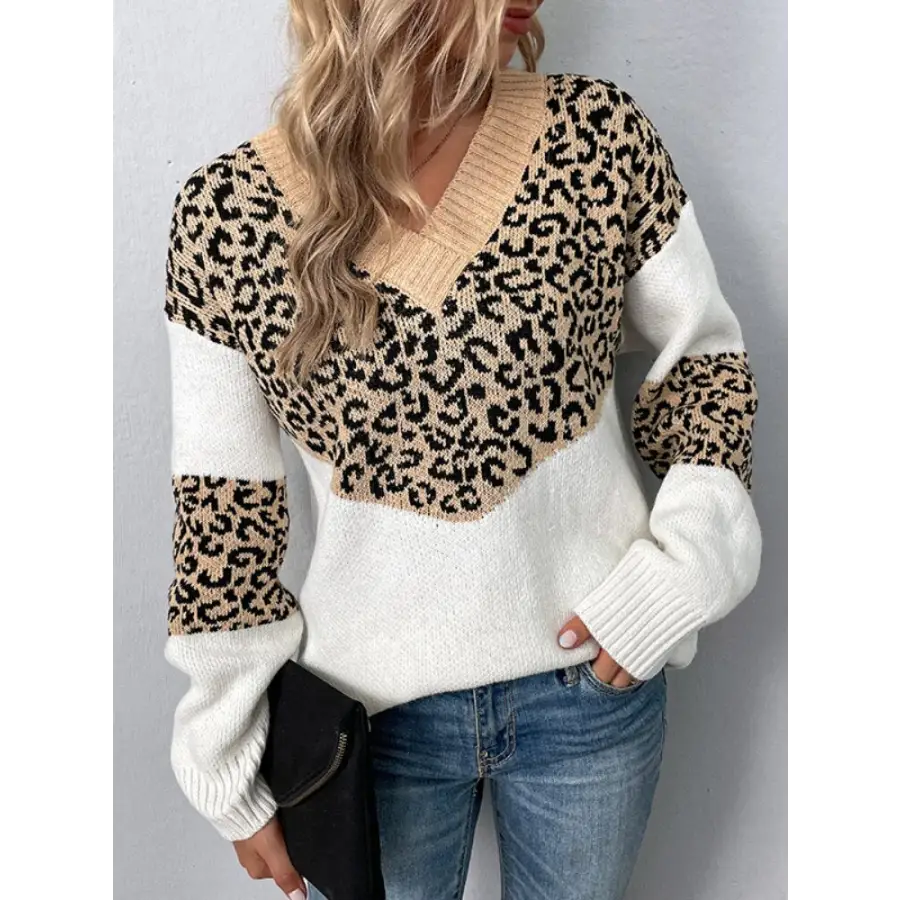 Pull Imprimé Léopard Kaki et Blanc