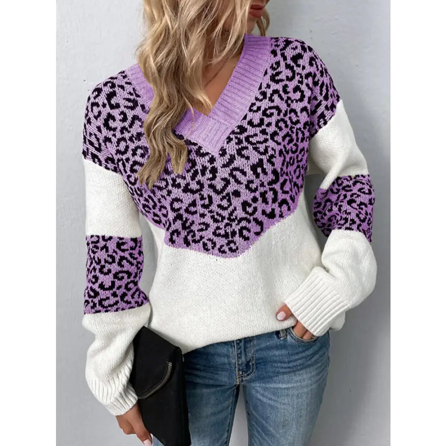 Pull Imprimé Léopard Violet et Blanc
