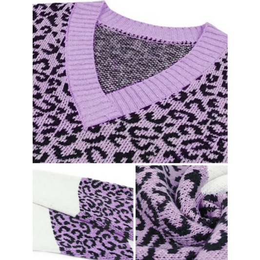 Pull Imprimé Léopard Violet et Blanc