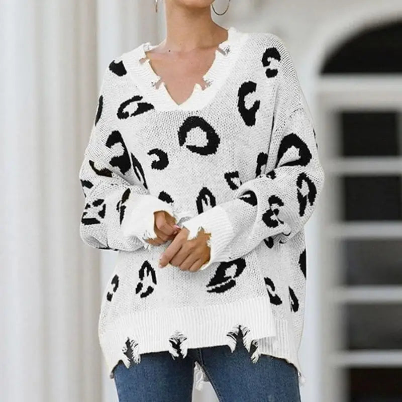 Pull femme léopard hiver blanc.