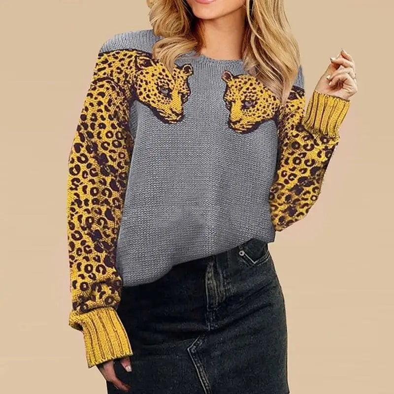Pull gris léopard femme.