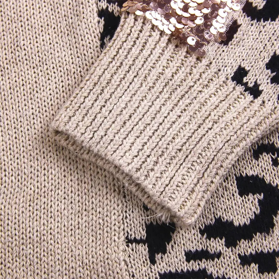 Pull Léopard Kaki à Paillettes