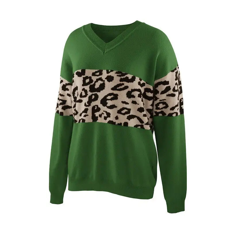 Pull Vert à Motif Léopard
