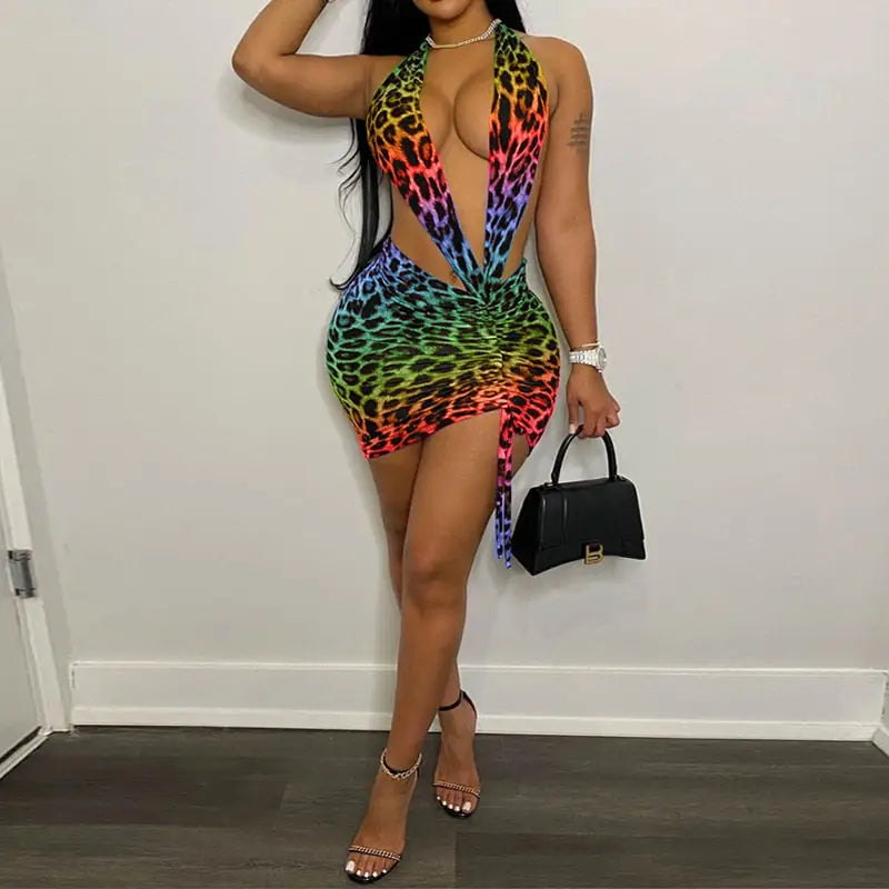 Robe de Soirée Courte Léopard Multicolore