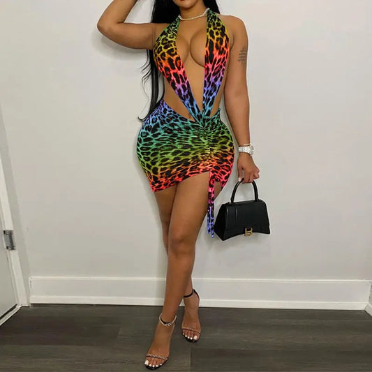 Robe de Soirée Courte Léopard Multicolore