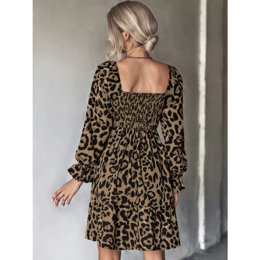 Robe Léopard Courte à Col Carré Café