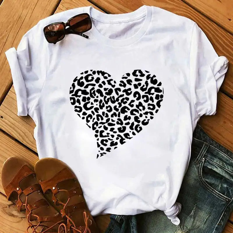 T-Shirt Léopard Cœur Noir et Blanc
