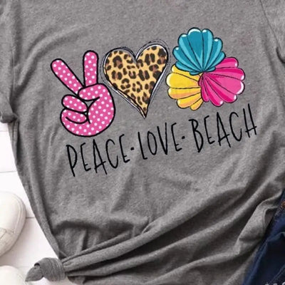 T shirt léopard peace love beach gris.