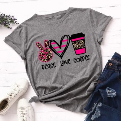 T shirt peace love coffee rose.