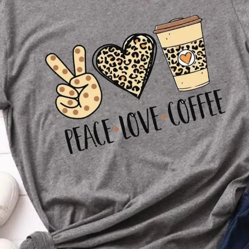 T shirt léopard gris peace love coffee.