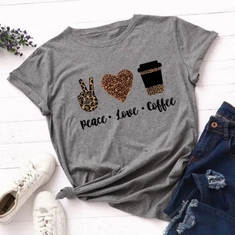 T shirt gris léopard peace love coffee.