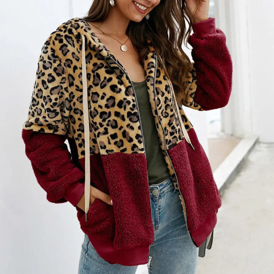 Veste Femme Léopard à Capuche Rouge