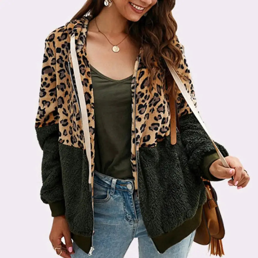 Veste Femme Léopard à Capuche Vert Kaki