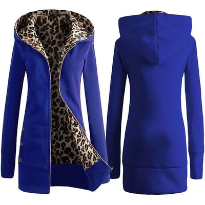 Veste léopard à capuche bleu roi.
